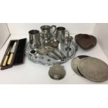 Chrome tray and contents - Fifteen items including three pewter tankards,