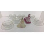 Contents to lid fourteen items two Beau Monde Coalport figurines Jill 14cm high (chip to front of