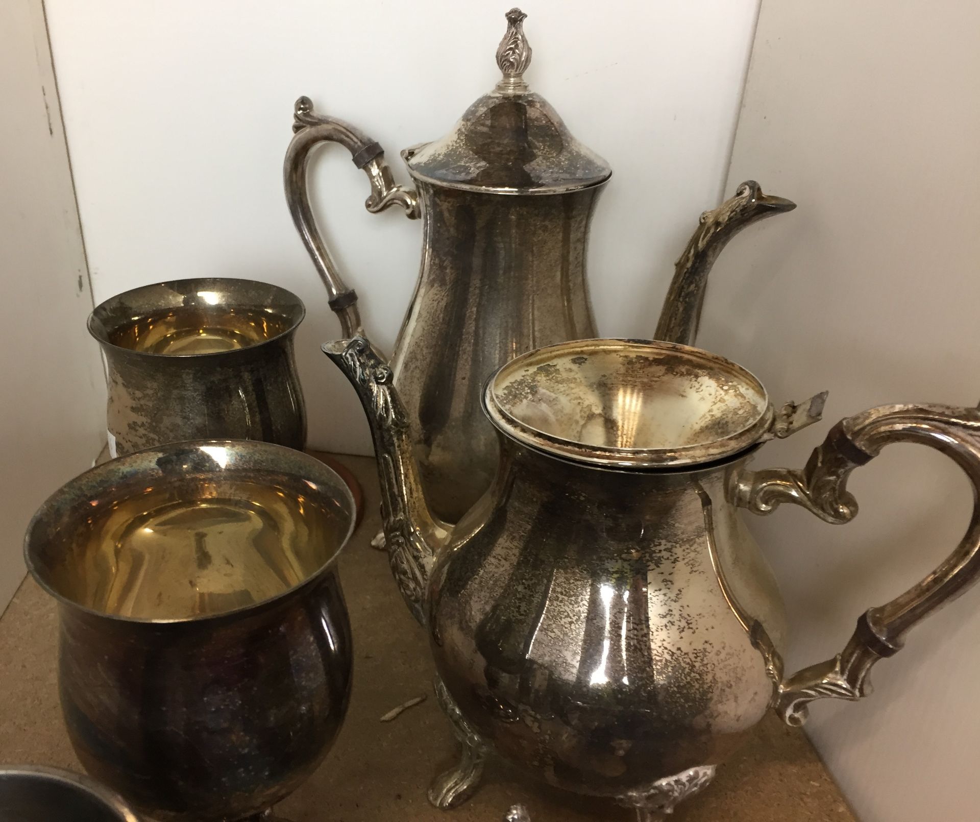 Ten items - silver plated four piece tea/coffee set (detached lid to teapot) and two goblets, - Image 2 of 4