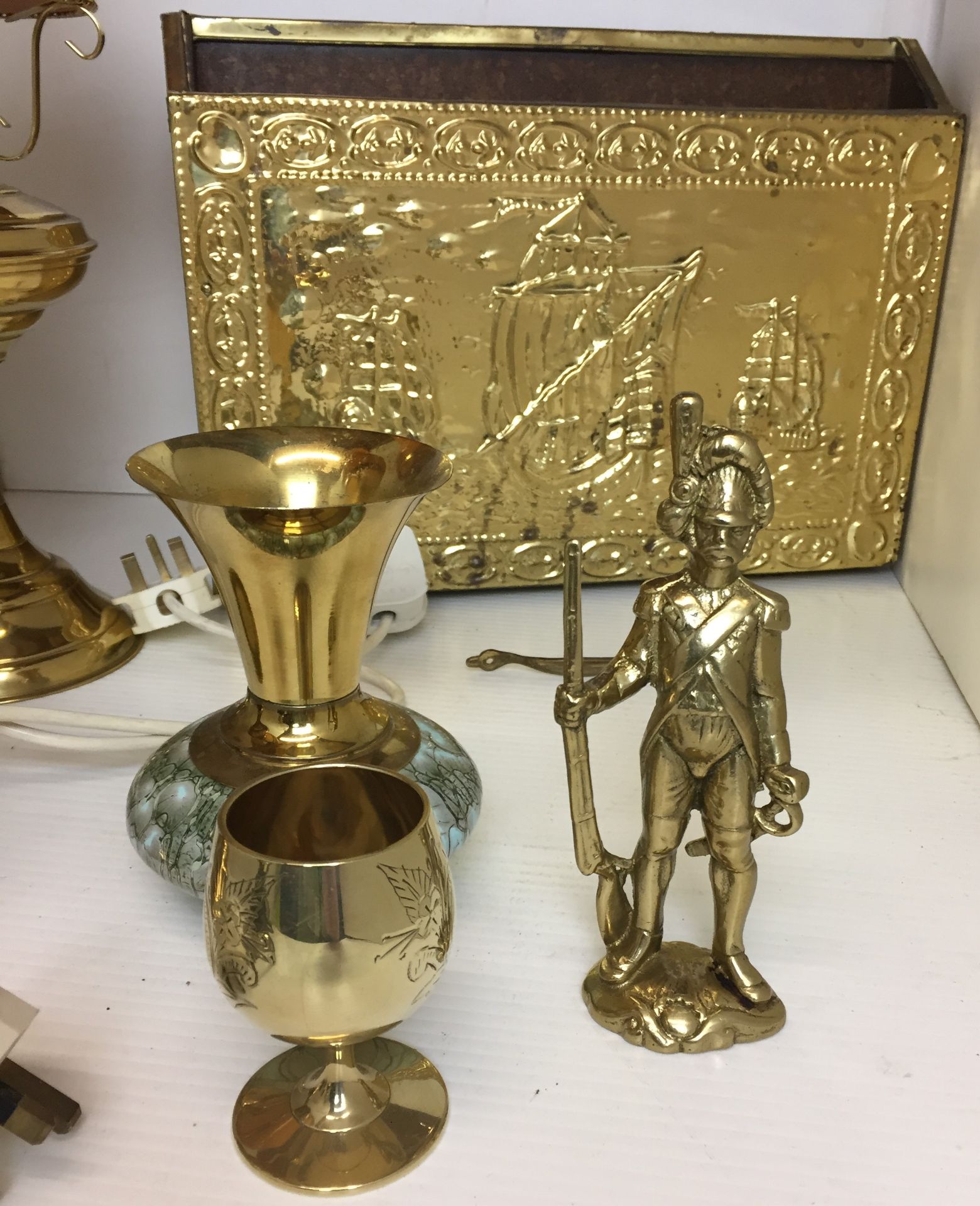 Seven items brassware including pair reproduction electric oil lamps 42cm high, magazine rack, - Image 3 of 3