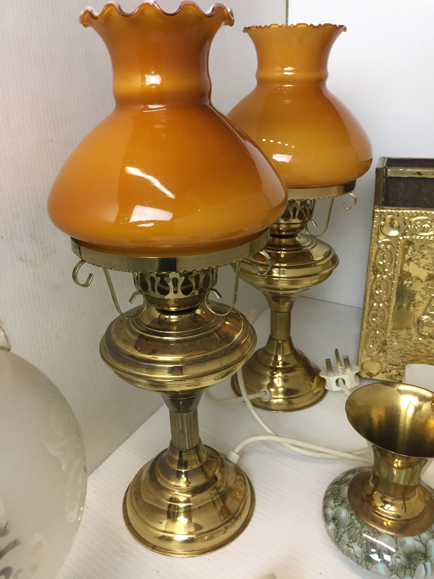 Seven items brassware including pair reproduction electric oil lamps 42cm high, magazine rack, - Image 2 of 3