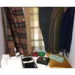 Plastic box and contents including six scarves, circular lace tablecloth,