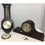 Two items including mantel clock 53cm x 25cm complete with key (one hand detached) and barometer