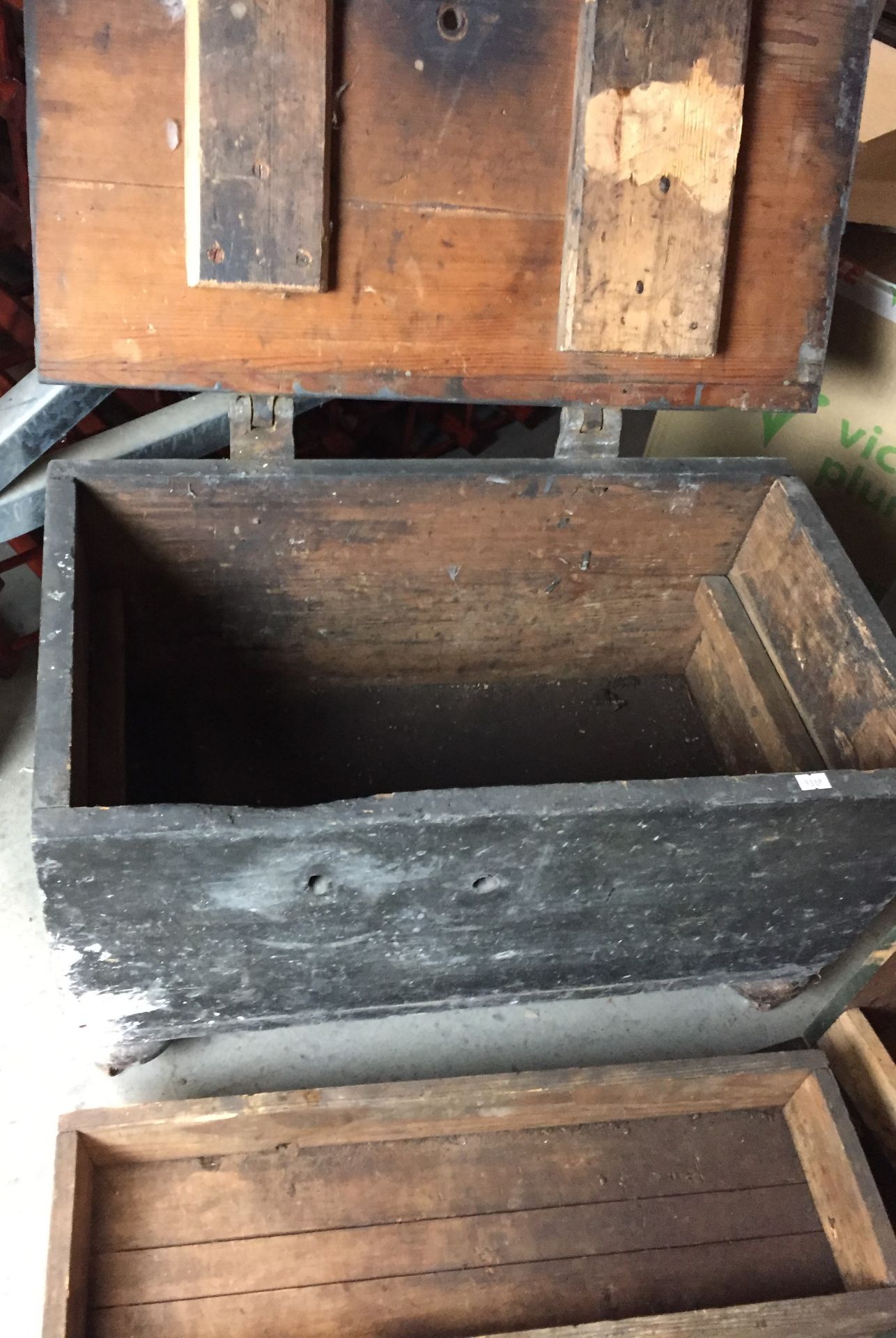 Two vintage wooden tool boxes - one 63cm x 39cm x 40cm high on bun feet with castors, - Image 3 of 5