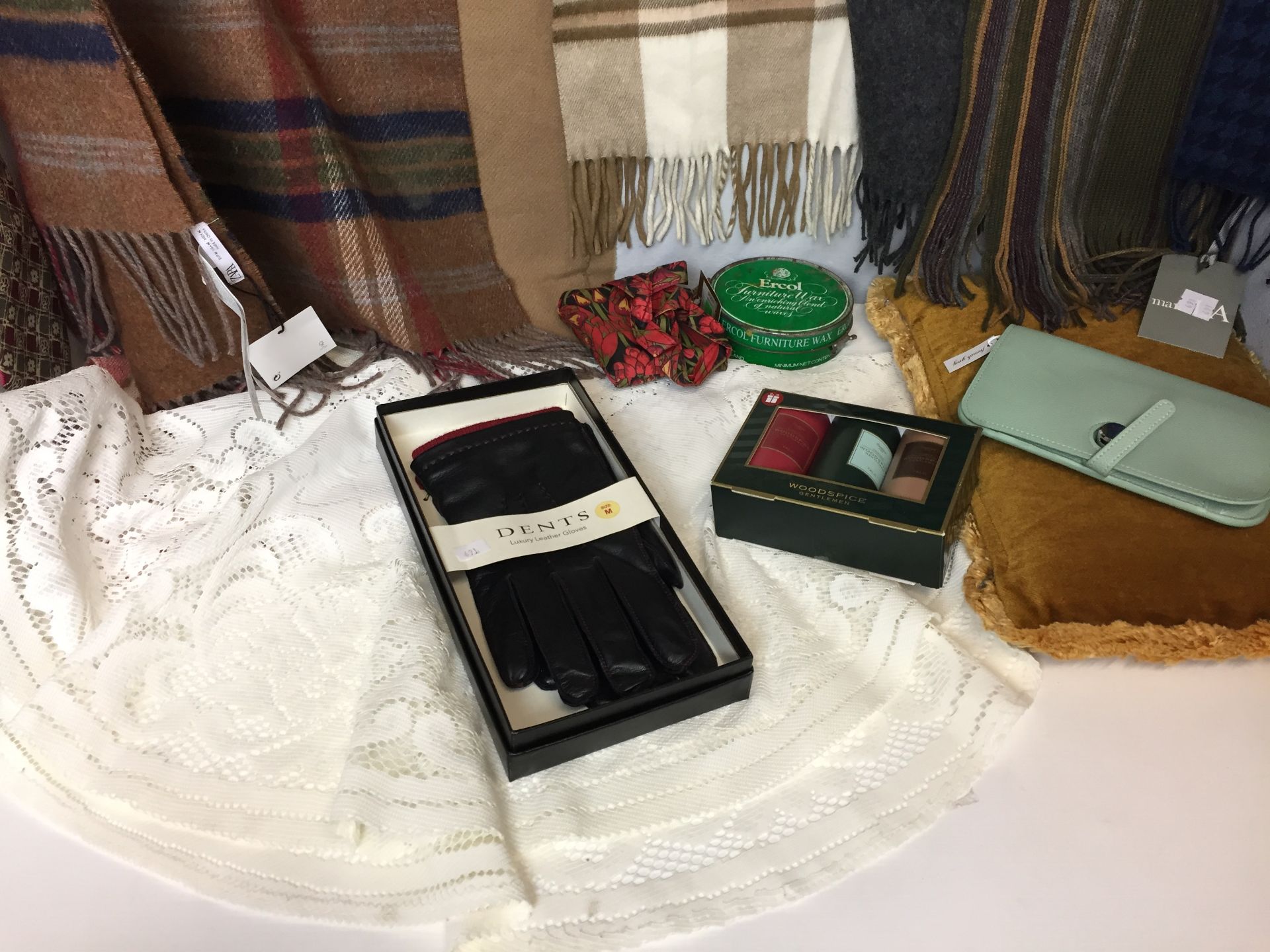 Plastic box and contents including six scarves, circular lace tablecloth, - Image 2 of 2