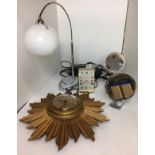 Six items including Sunburst clock 38cm diameter (no key), Angelus Swiss electronic brass clock,