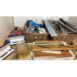 Contents to two baskets and three small boxes including twelve scale rules, parallel rulers,