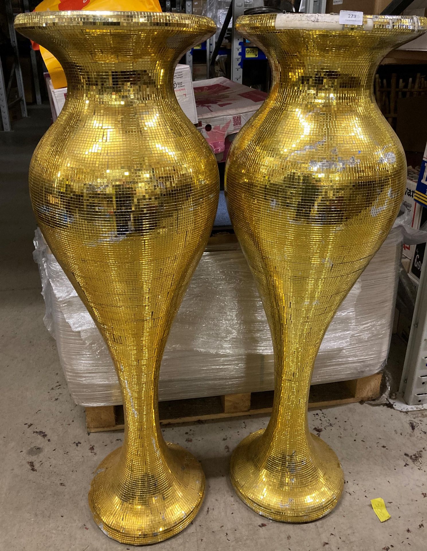 Two large gilt coloured mirrored finish floor standing vases 122 x 38cm