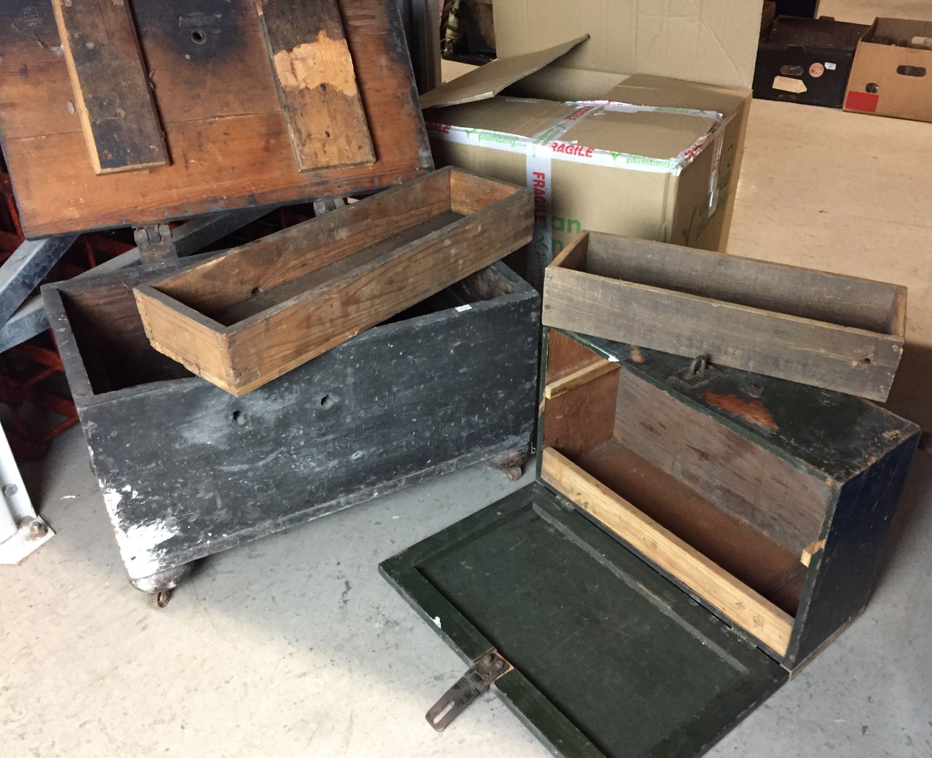 Two vintage wooden tool boxes - one 63cm x 39cm x 40cm high on bun feet with castors, - Image 2 of 5