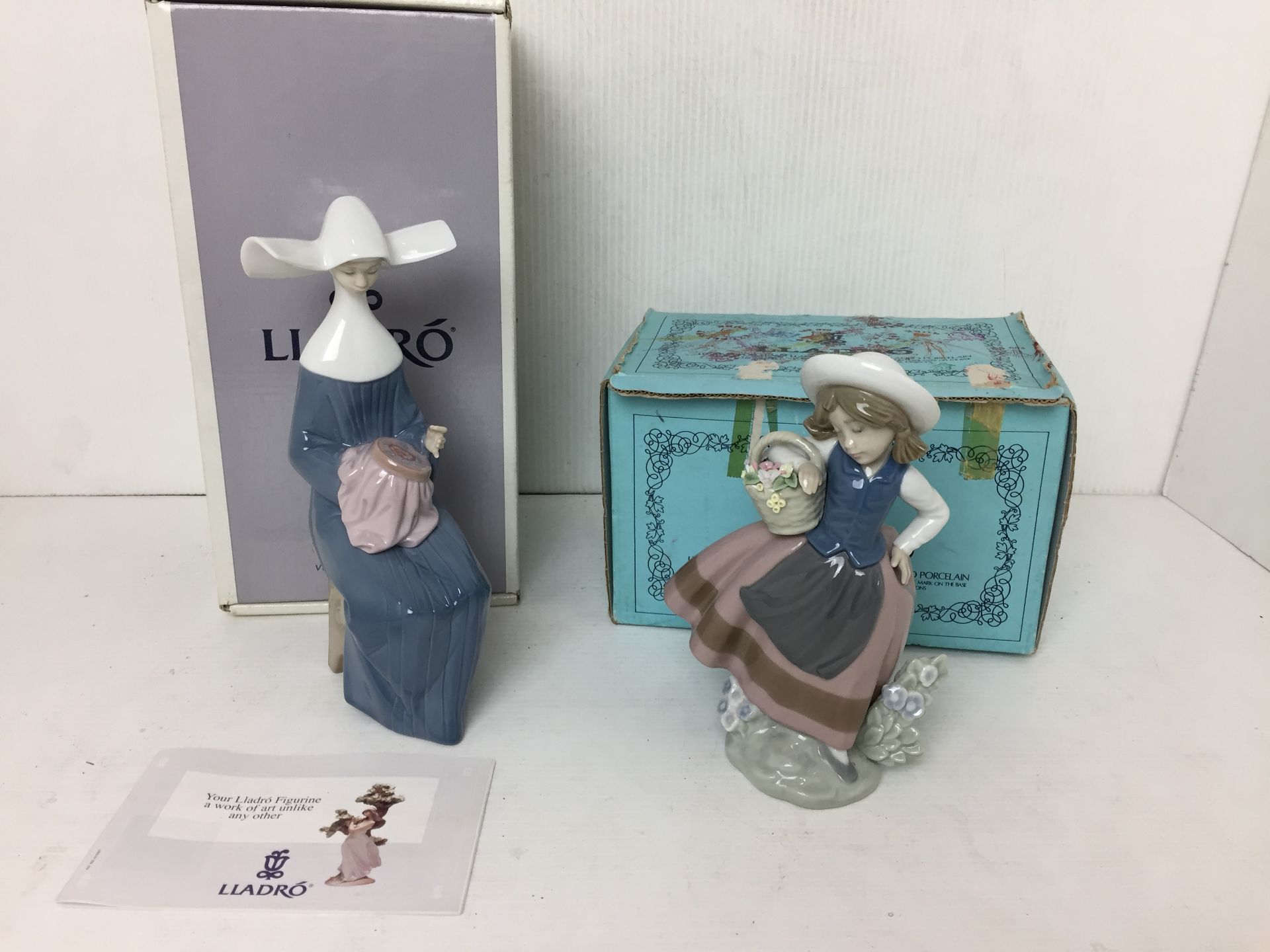 Two Lladro figurines - Time to Sew (blue) 20cm high and Linda Con Cesta 17cm high both with boxes - Image 2 of 5