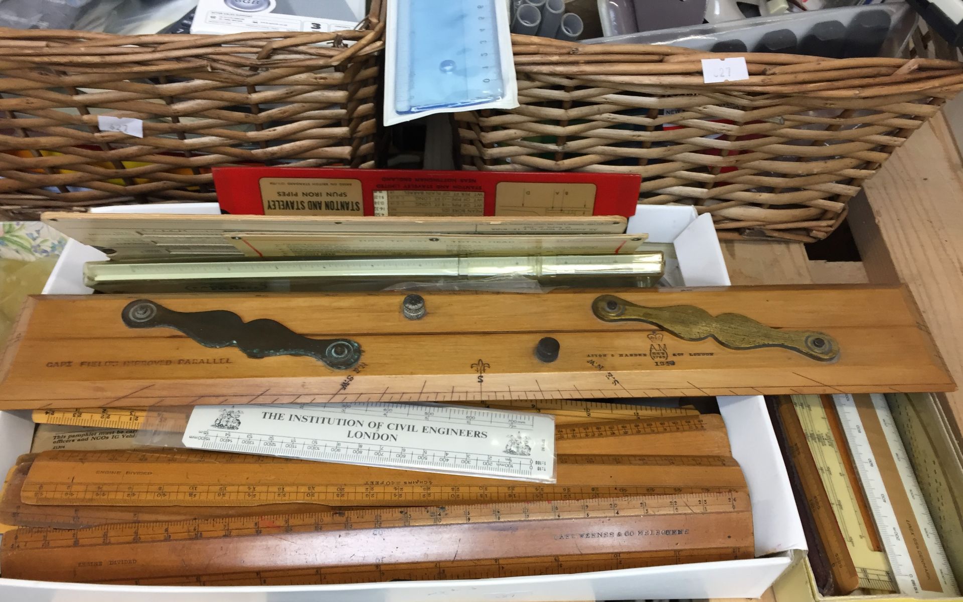 Contents to two baskets and three small boxes including twelve scale rules, parallel rulers, - Image 6 of 6