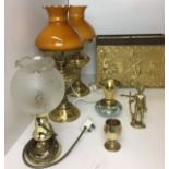 Seven items brassware including pair reproduction electric oil lamps 42cm high, magazine rack,