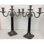 Pair of pewter three arm candelabras with black marble effect columns 44cm high S01