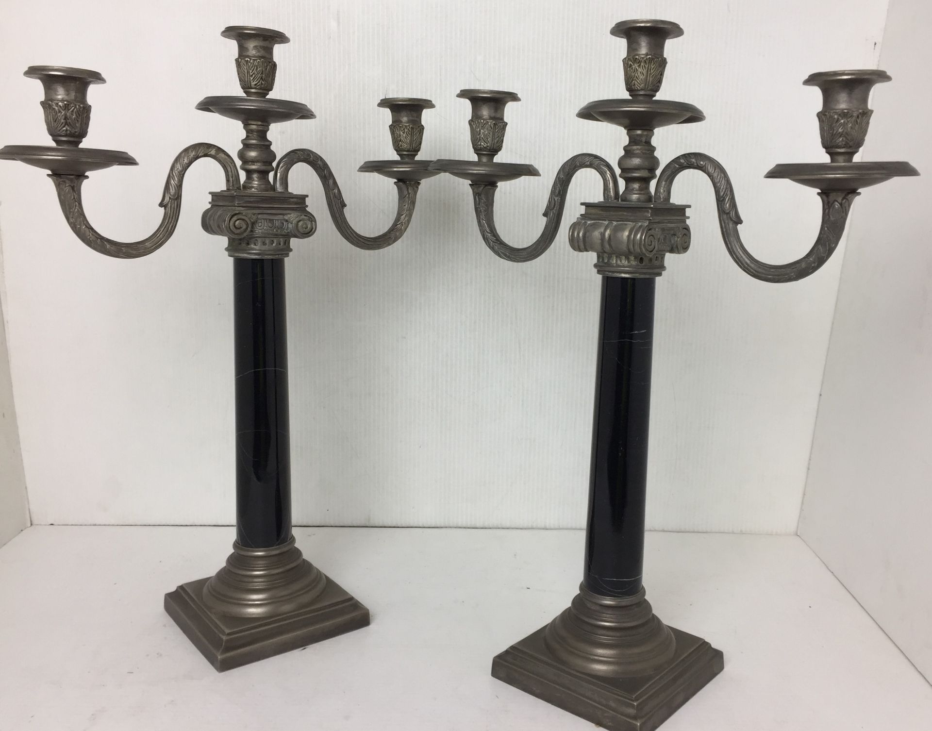 Pair of pewter three arm candelabras with black marble effect columns 44cm high S01