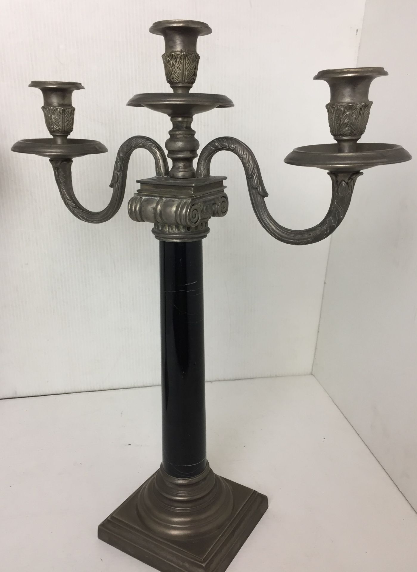 Pair of pewter three arm candelabras with black marble effect columns 44cm high S01 - Image 2 of 3