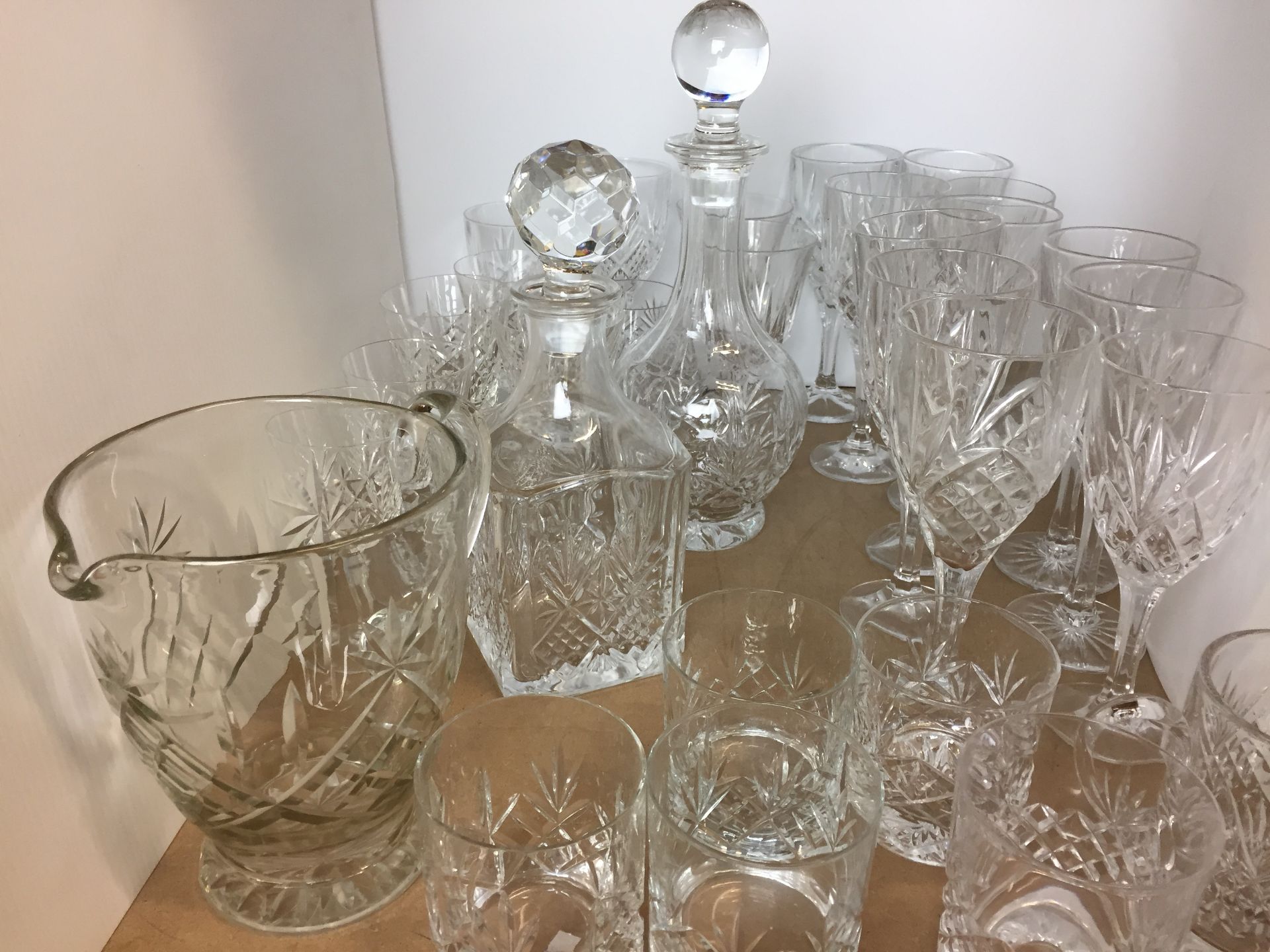 Thirty three items of cut glass including whisky decanter, wine decanter, water jug, wine glasses, - Image 2 of 5