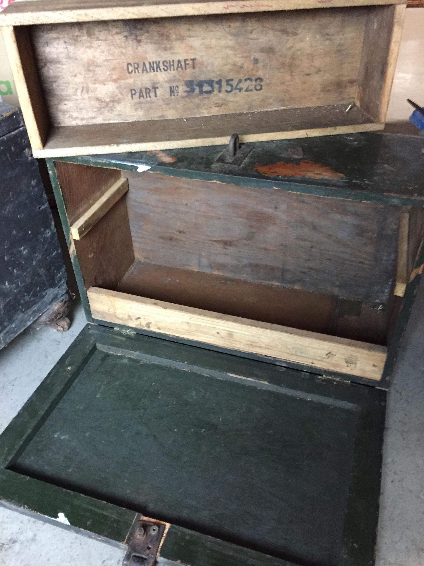 Two vintage wooden tool boxes - one 63cm x 39cm x 40cm high on bun feet with castors, - Image 5 of 5