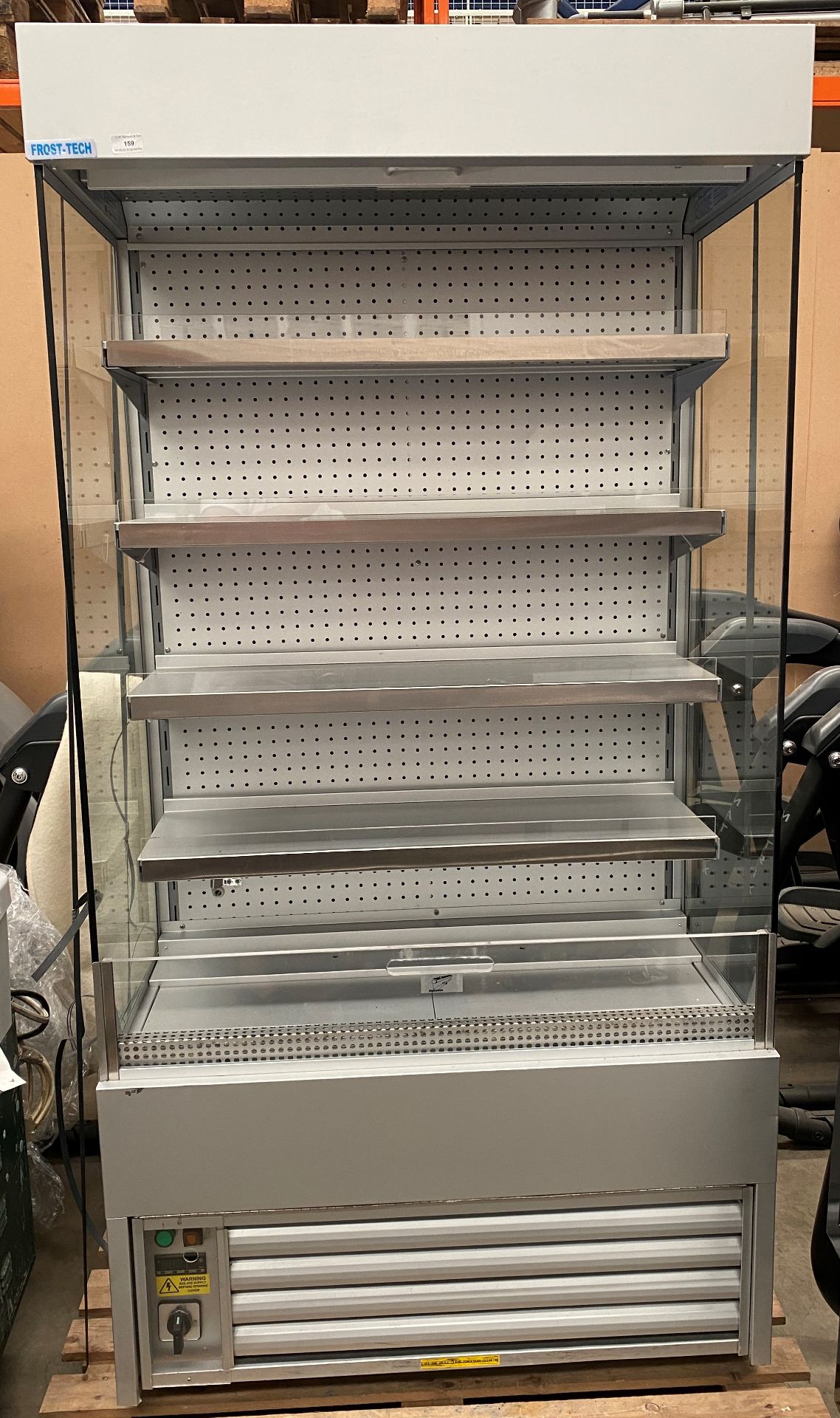 Frostech stainless steel 5 shelf open front refrigerated display cabinet complete with pull down