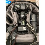 Black camera bag and contents - Canon EOS 10D digital camera with a 35-135mm Canon lens,