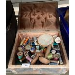 Contents to small sewing box - quantity of sewing thread and two wood mushrooms (S1)