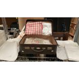 Phoenix brown vinyl suitcase and contents - large quantity of assorted linen