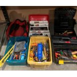 Five various tool boxes (two empty),