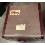 A brown patterned suitcase with red leather trim with Aloha Hawaii sticker 50 x 54 x 20cm deep (S1)