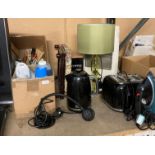 Crown revolving heater, Breville toaster, table lamp with green shade, Breville kettle, small stool,