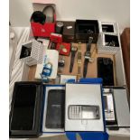 Contents to box and tray - assorted mobile phones, watches, padlocks, etc.