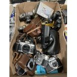 Contents to box - eleven assorted cameras by Pentax, Minolta, Bessamatic Koroll, Canon, etc.