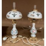 A pair of decorated white glass and brass table lamps each 57cm high (faulty earth - failed PAT