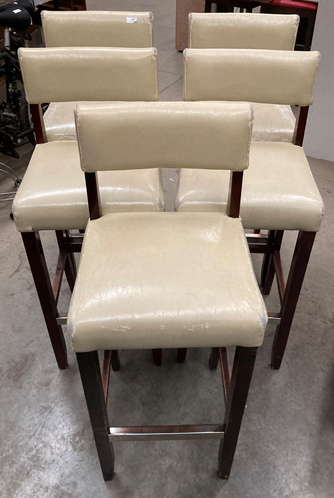 A set of five beige leather effect high bar stools - the upholstery is worn in places on all stools - Image 3 of 3