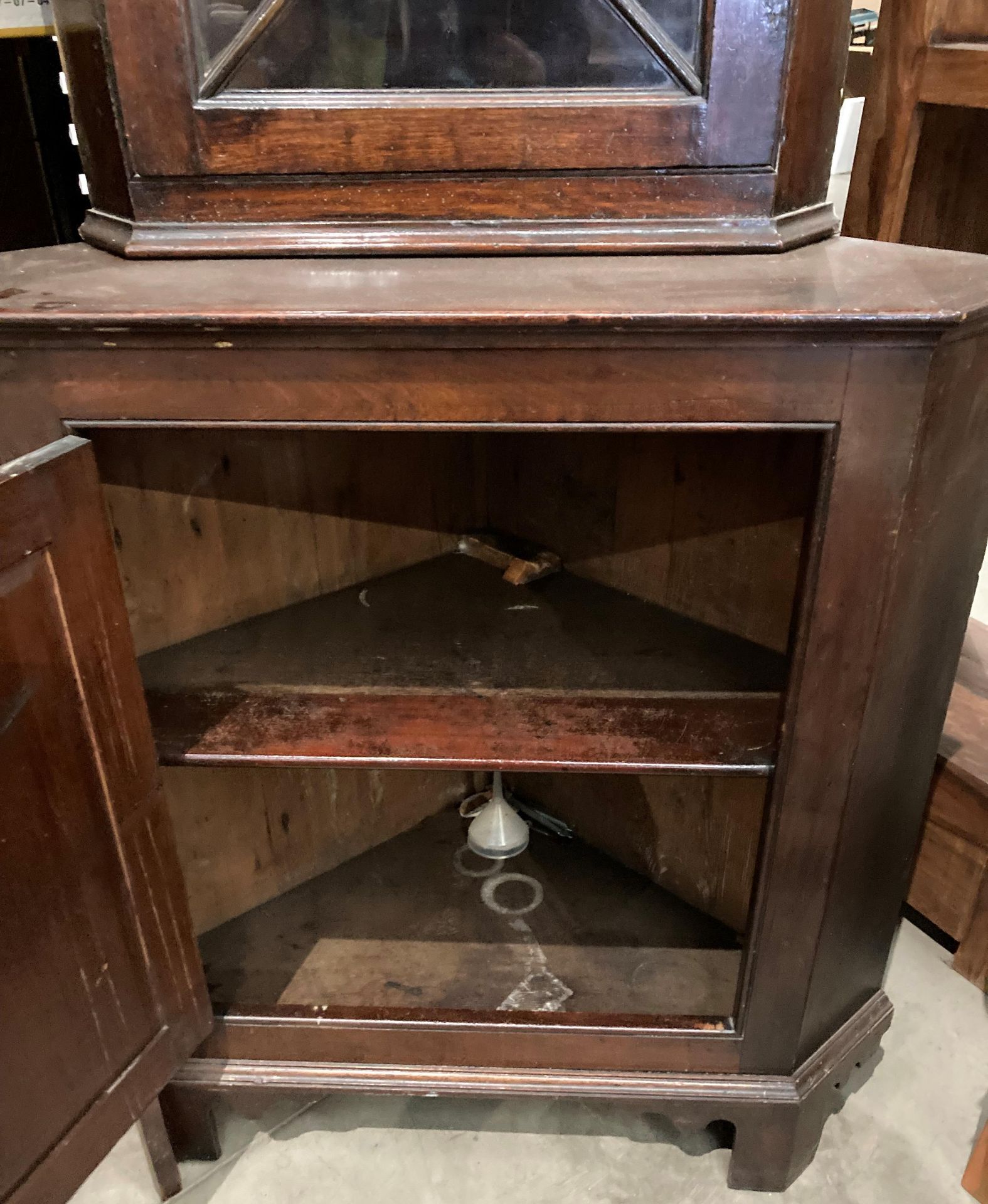 An oak two section corner cupboard with single glazed door over single door base, - Image 3 of 5