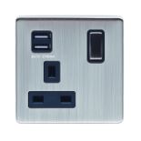 10 x Eurolite Concealed 6mm Satin Nickel Plate 1 gang 13amp switched sockets with twin 2.