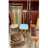 Wood framed folding deck chair with striped fabric seat, two stools, wood box,