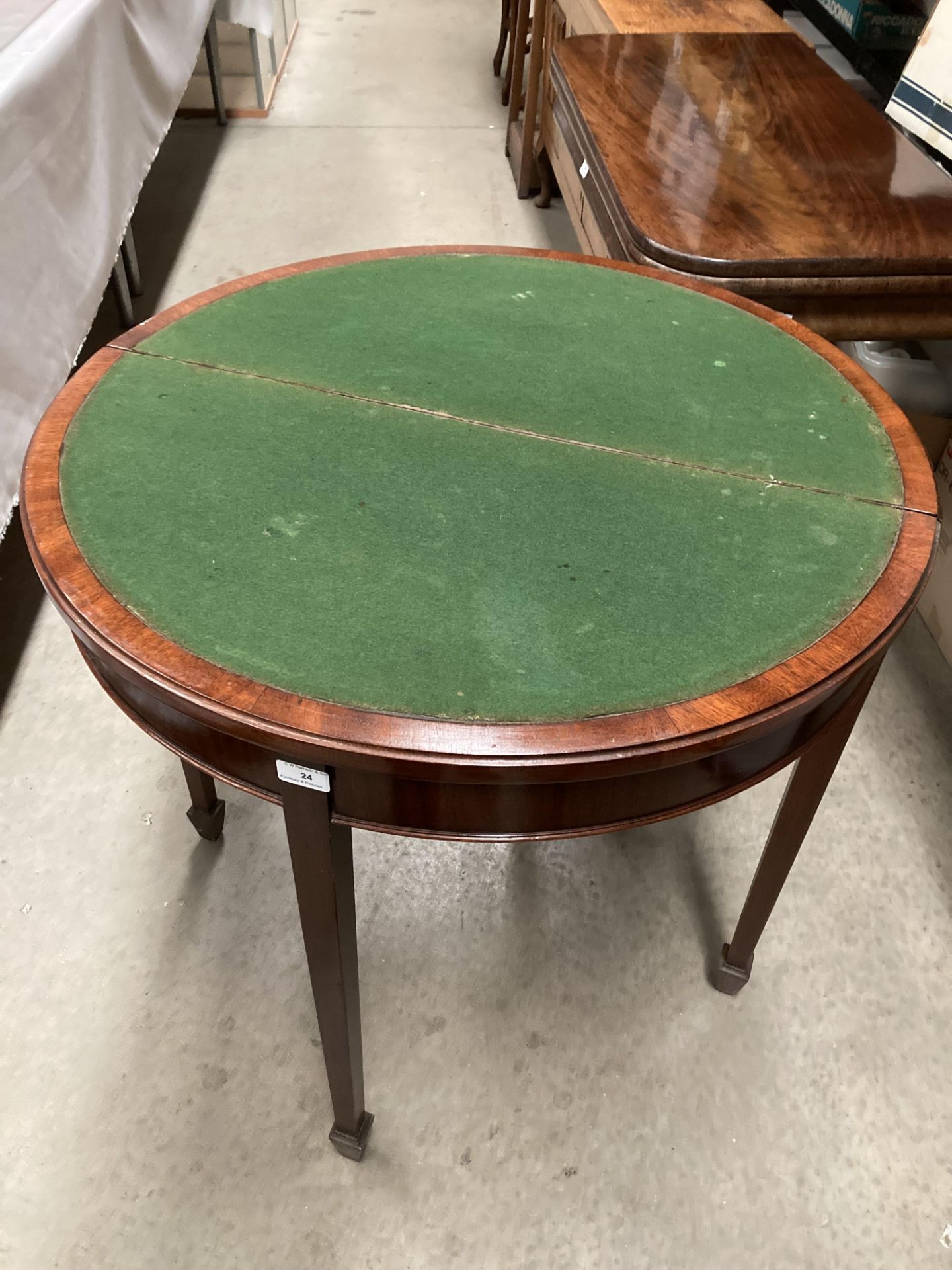 A mahogany Demi-Lune folding top card table on square tapered legs with green baize surface 80cm - Image 2 of 4