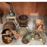 A wood brass hooped coal bucket, a wood half barrel planter, stool,