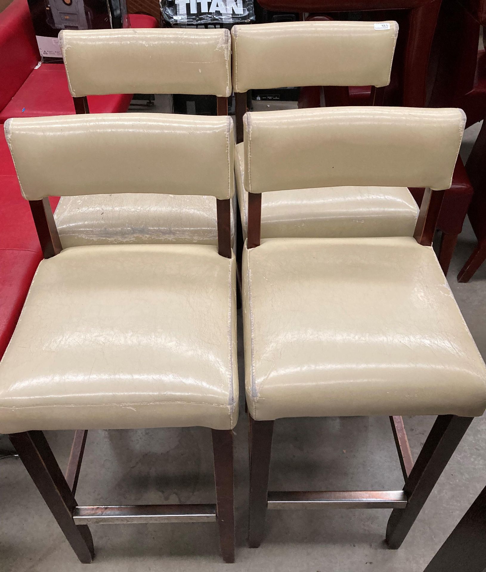 A set of four beige leather effect high bar stools - the upholstery is worn in places on all the - Image 2 of 2