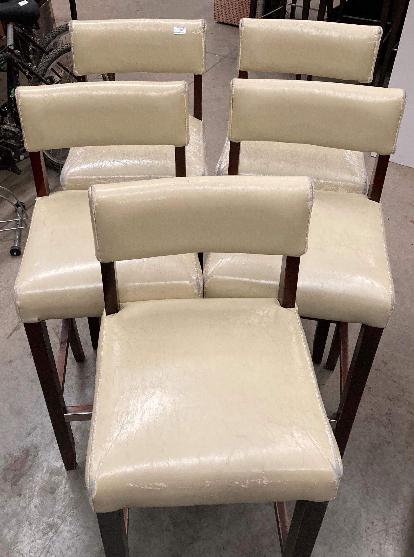 A set of five beige leather effect high bar stools - the upholstery is worn in places on all stools - Image 2 of 3