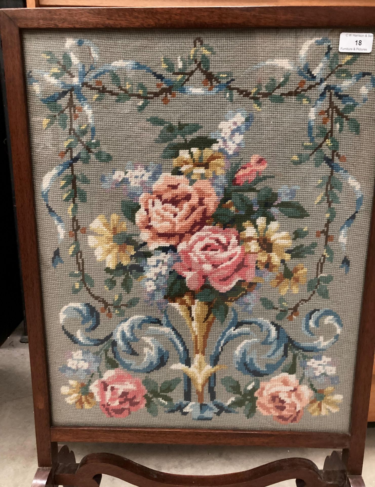 An oak framed fire screen with embroidered panel 54cm x 43cm - Image 2 of 2