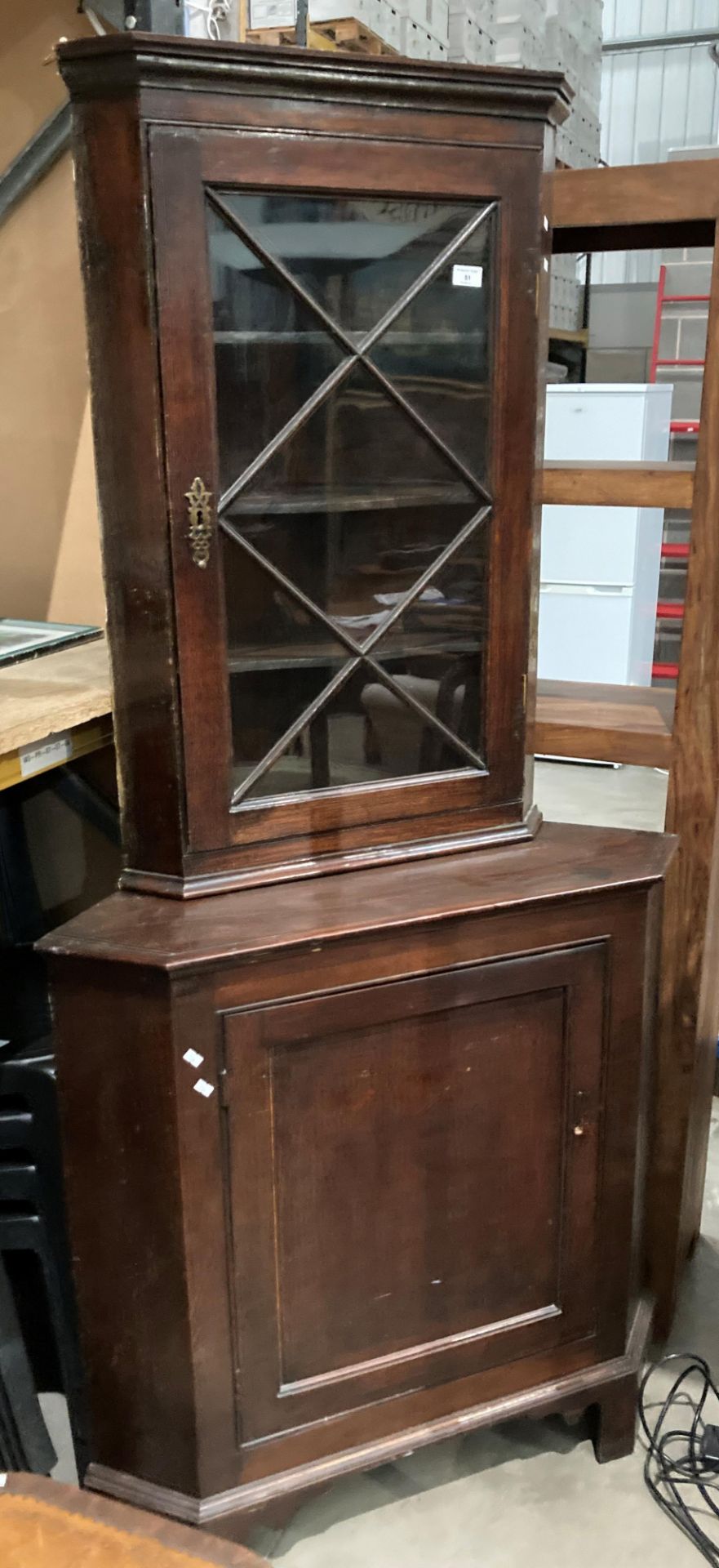 An oak two section corner cupboard with single glazed door over single door base, - Image 4 of 5