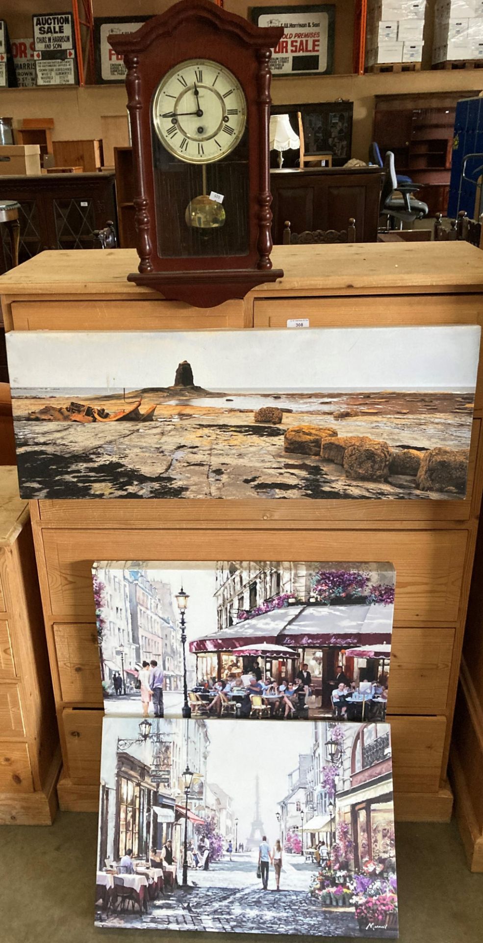 A Hermle modern mantel clock in mahogany finish case and three various box prints - one of Saltwick