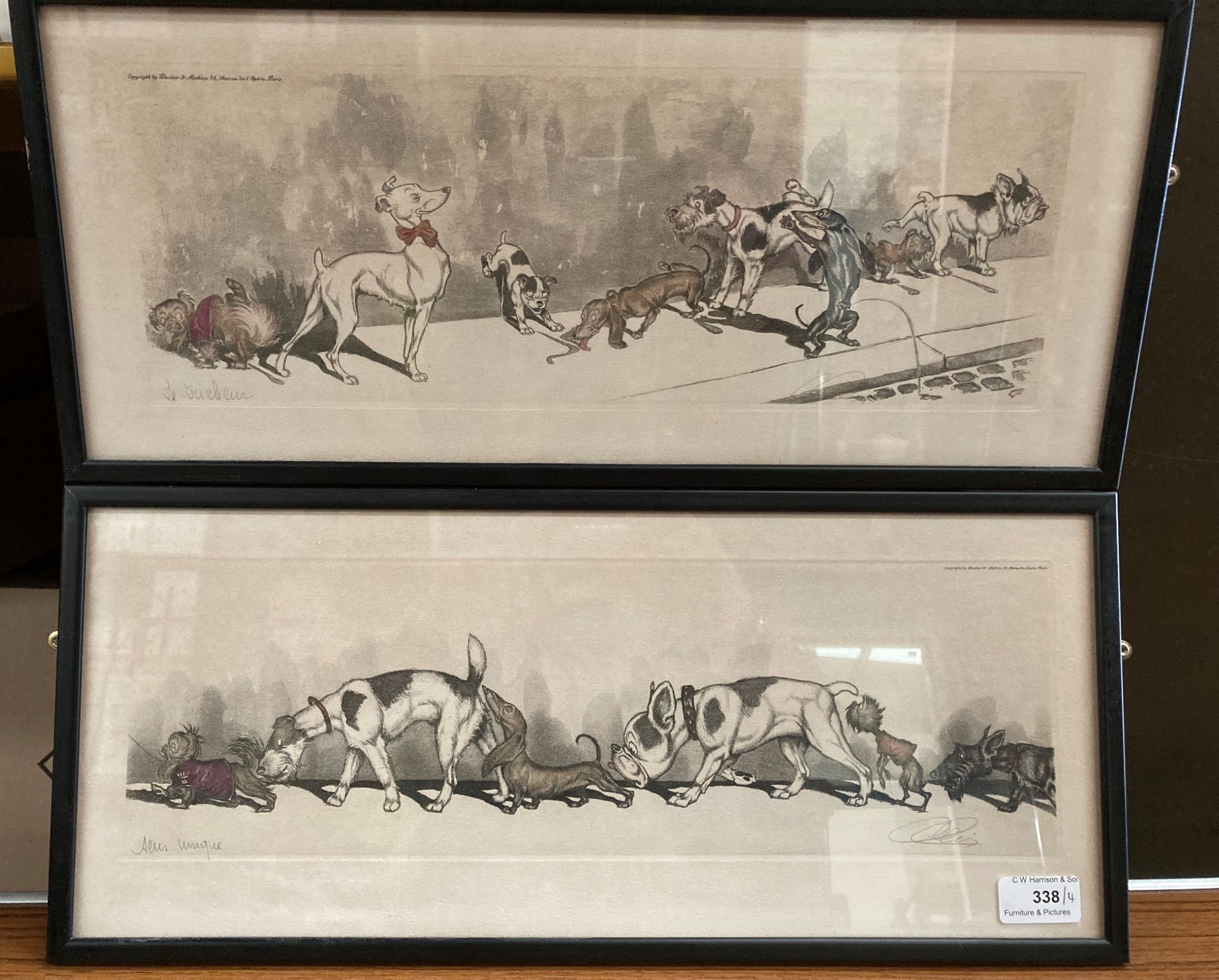 Set of four framed humorous dog prints by a French Artist indistinctly signed each 20cm x 48cm 'Le - Image 3 of 3