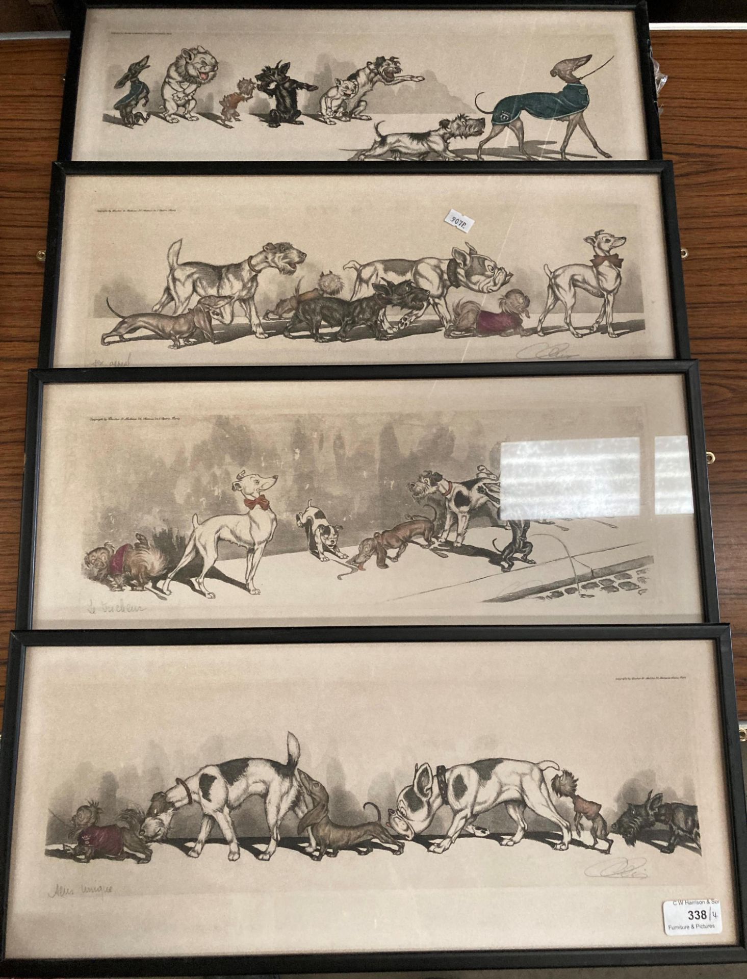 Set of four framed humorous dog prints by a French Artist indistinctly signed each 20cm x 48cm 'Le