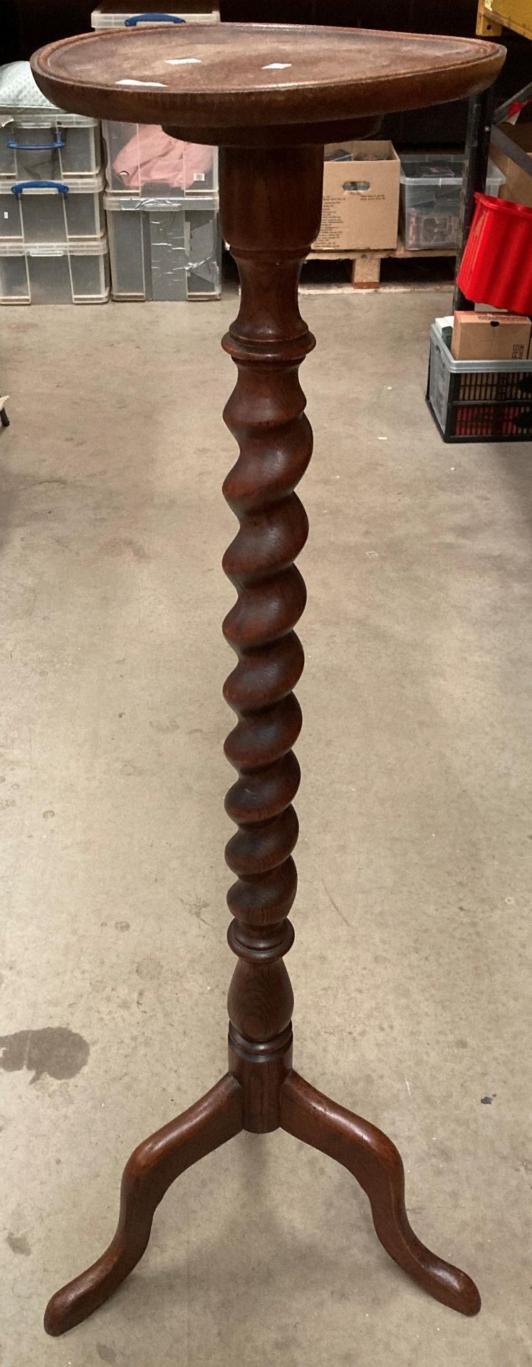 An oak plant stand with barley twist column on tripod base 125cm high, 30cm diameter - top warped. - Image 2 of 2