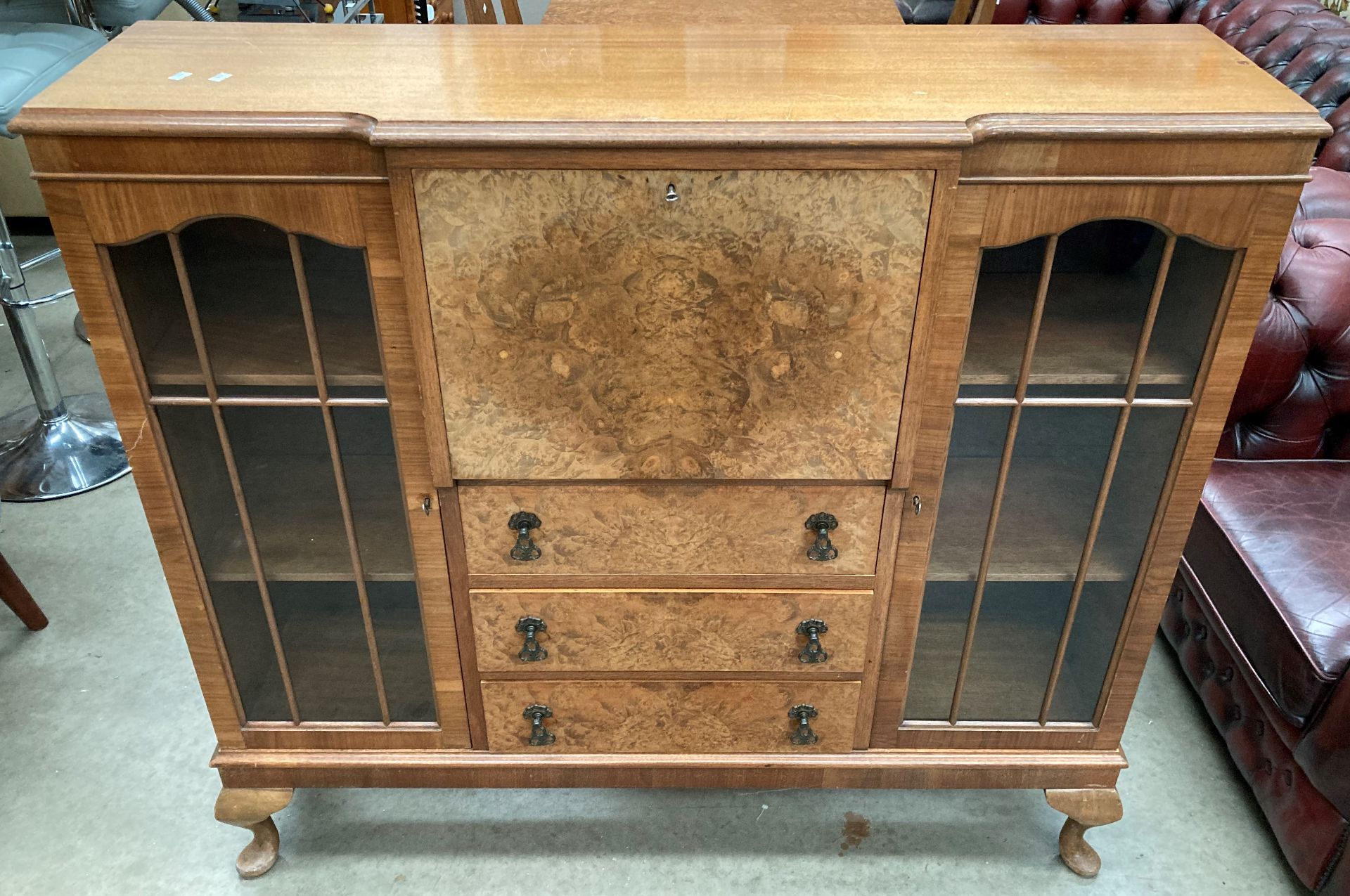 A figured walnut side by side bureau display cabinet 122cm x 110cm high - Image 2 of 3