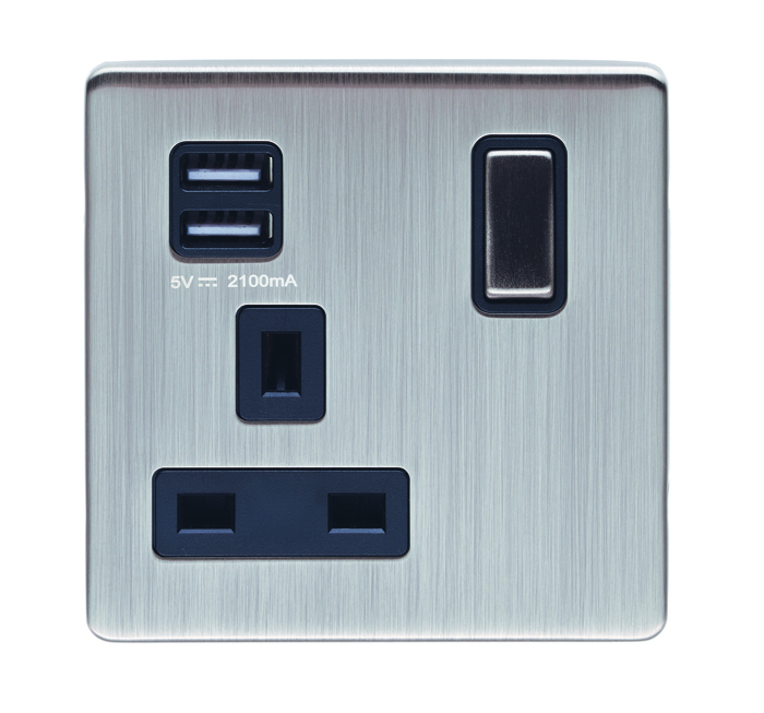 50 x Eurolite Concealed 6mm Satin Nickel Plate 1 gang 13amp switched sockets with twin 2.