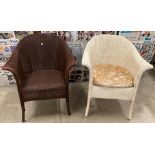 Two Lloyd Loom armchairs - brown painted and cream painted, the brown with damage to front of seat.
