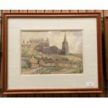 J W Thornes, framed watercolour Yorkshire Street with Church on a Hill in the background,