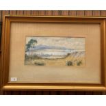 Chris Meadows watercolour 'Town by an estuary' in gilt frame 23 x 40cm signed to bottom left